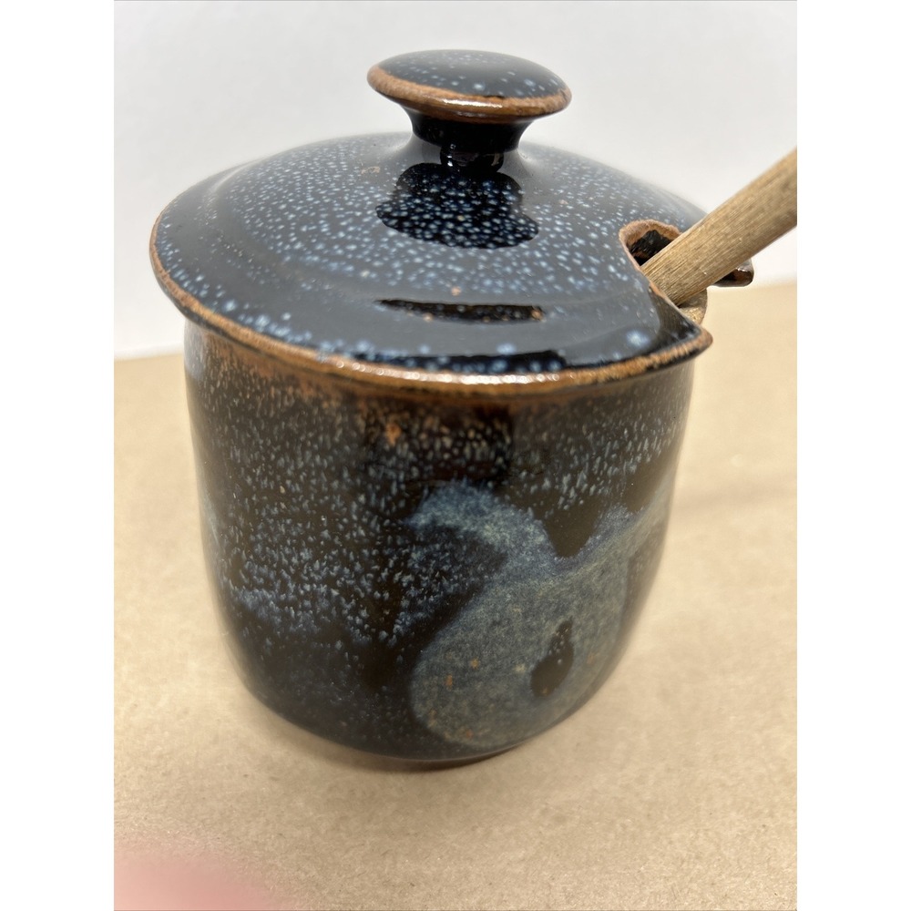 Glazed Blue Ceramic Honey Pot Jar Pottery with Honey Dipper, Goldmark‎ USA
